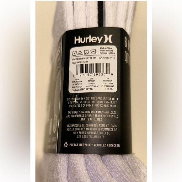 Hurley Quarter Crew Socks 6 Pair Men 8-12 White Gray w Mix Logo Surf RideCushion - Picture 2 of 10